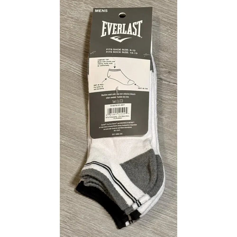 Everlast Men's No Show Socks Shoe Size 6-12 White 1/2‎ Cushion 3 Pairs NWT